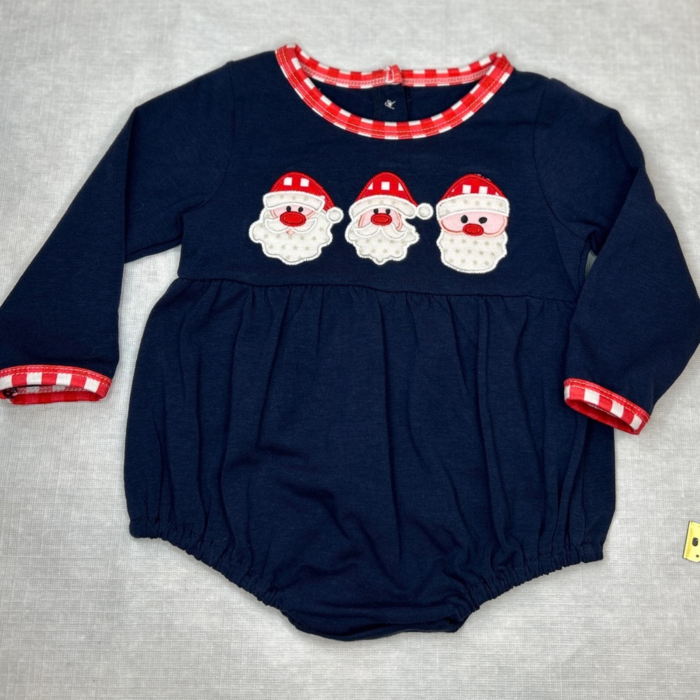 Christmas Bubble Romper Infant Navy Blue with Santa Appliqué Size 3–6M